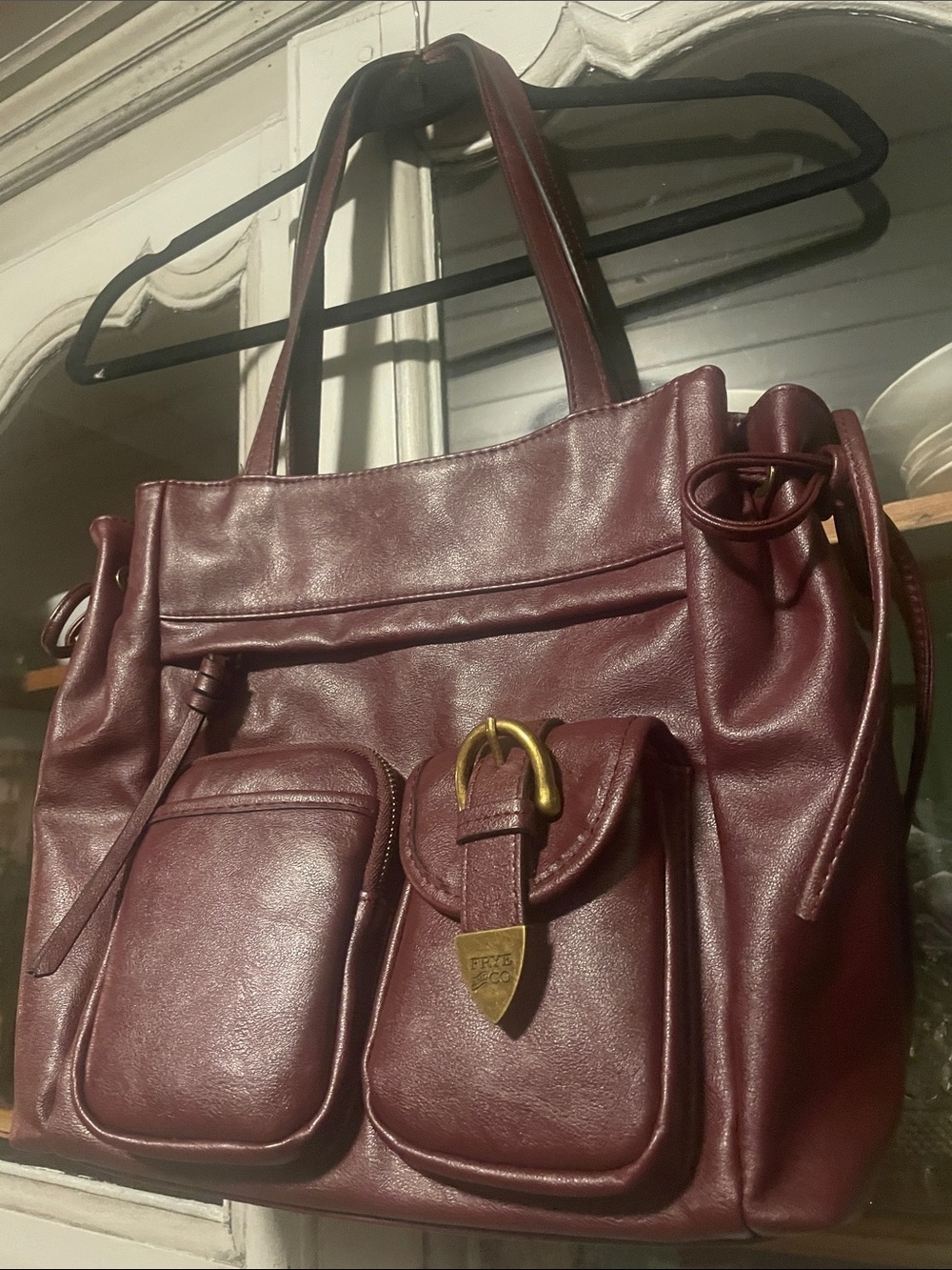 FRYE AND CO. Burgundy Leather Shoulder Tote with Front Pockets
